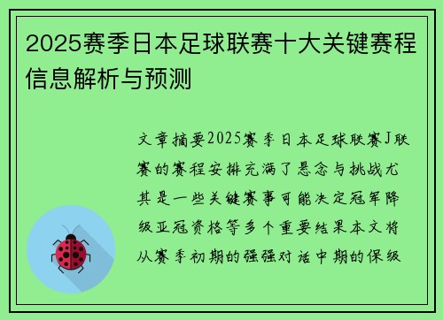 2025赛季日本足球联赛十大关键赛程信息解析与预测