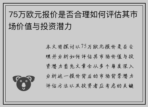 75万欧元报价是否合理如何评估其市场价值与投资潜力