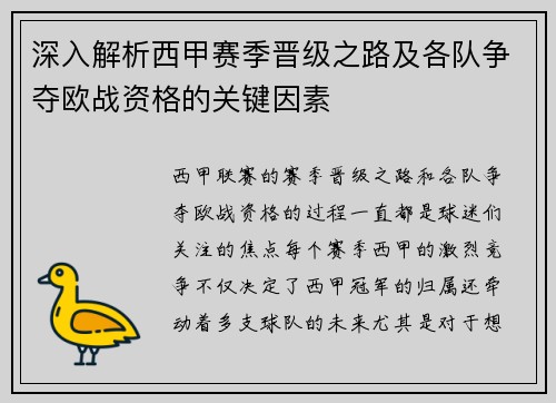 深入解析西甲赛季晋级之路及各队争夺欧战资格的关键因素