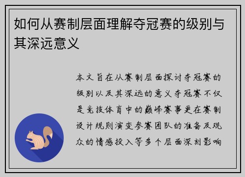 如何从赛制层面理解夺冠赛的级别与其深远意义